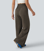 High Waisted Flare Casual Linen-Feel Trousers with Pockets — Dark Earthy Brown — view 2