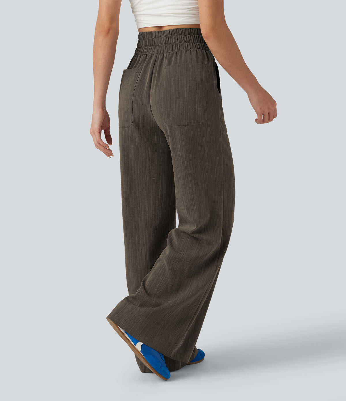 High Waisted Flare Casual Linen-Feel Trousers with Pockets — Dark Earthy Brown — view 2