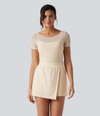 Plush Boat Neck Built-in Bra Contrast Mesh Short Sleeve Party Playsuit with Pockets-Edition — Solitary Star — view 3