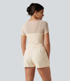 Plush Boat Neck Built-in Bra Contrast Mesh Short Sleeve Party Playsuit with Pockets-Edition — Solitary Star — view 2