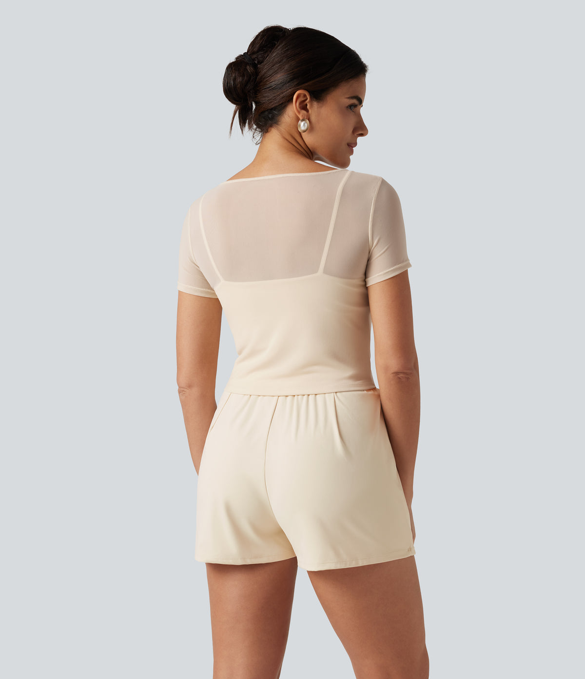 Plush Boat Neck Built-in Bra Contrast Mesh Short Sleeve Party Playsuit with Pockets-Edition — Solitary Star — view 2