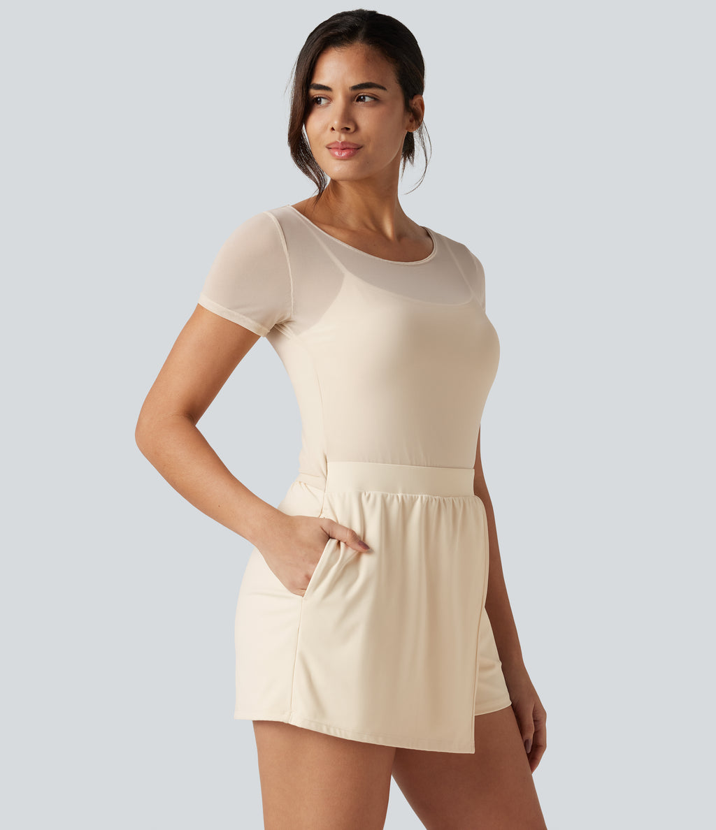 Plush Boat Neck Built-in Bra Contrast Mesh Short Sleeve Party Playsuit with Pockets-Edition — Solitary Star — view 4