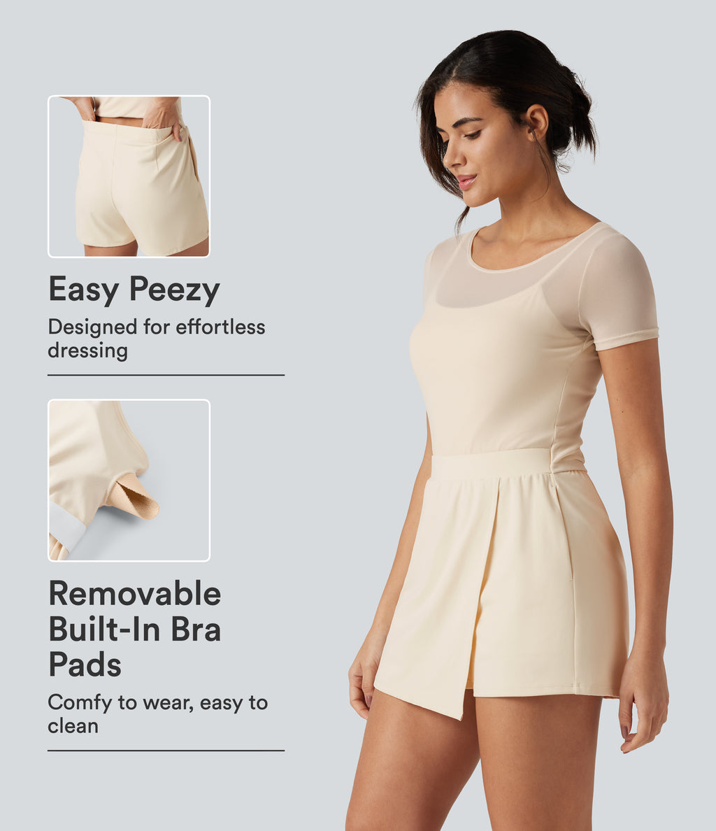 Plush Boat Neck Built-in Bra Contrast Mesh Short Sleeve Party Playsuit with Pockets-Edition — Solitary Star — view 1