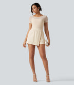 Plush Boat Neck Built-in Bra Contrast Mesh Short Sleeve Party Playsuit with Pockets-Edition — Solitary Star — view 8