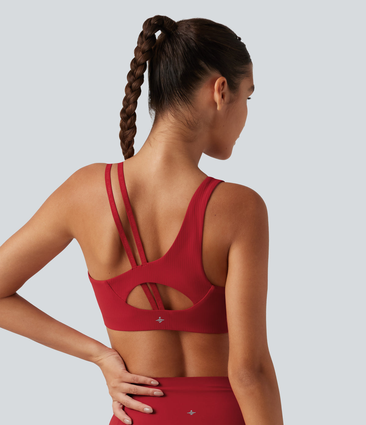 Ribbed Low Support Asymmetric Cut Out Built-in Bra Running Sports Bra — Salsa — view 4