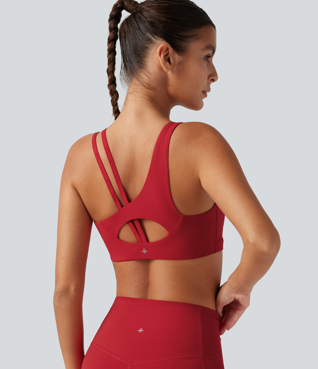 Ribbed Low Support Asymmetric Cut Out Built-in Bra Running Sports Bra — Salsa — view 1