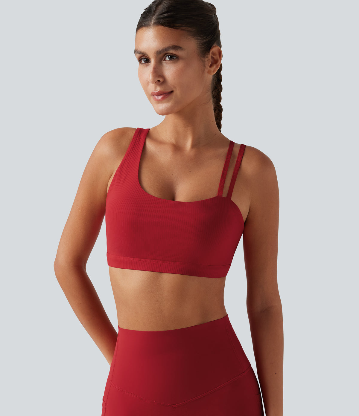 Ribbed Low Support Asymmetric Cut Out Built-in Bra Running Sports Bra — Salsa — view 5
