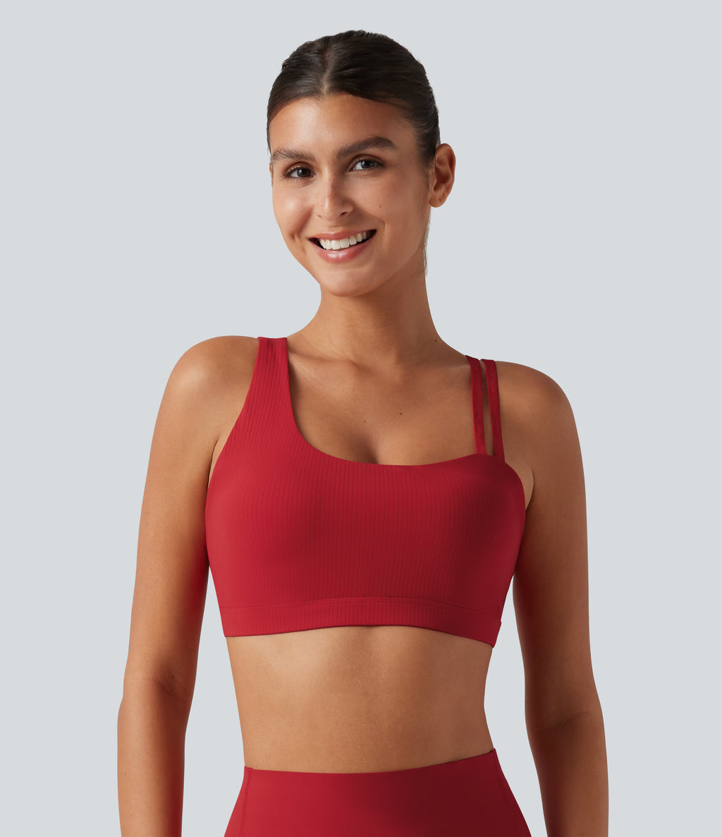Ribbed Low Support Asymmetric Cut Out Built-in Bra Running Sports Bra — Salsa — view 2