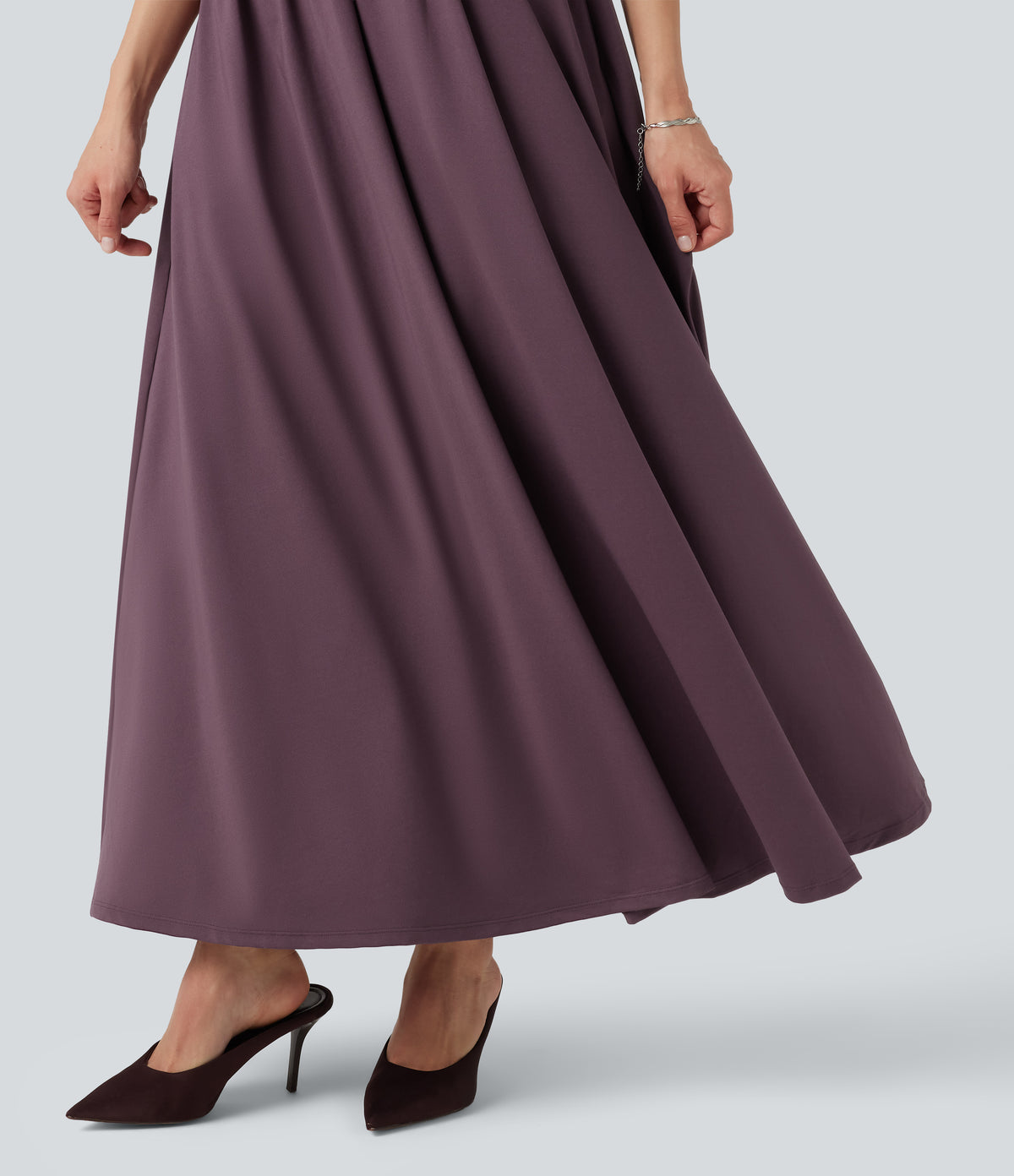 V Neck Sleeveless Flowy Midi Work Dress with Pockets — Plum Wine — view 6