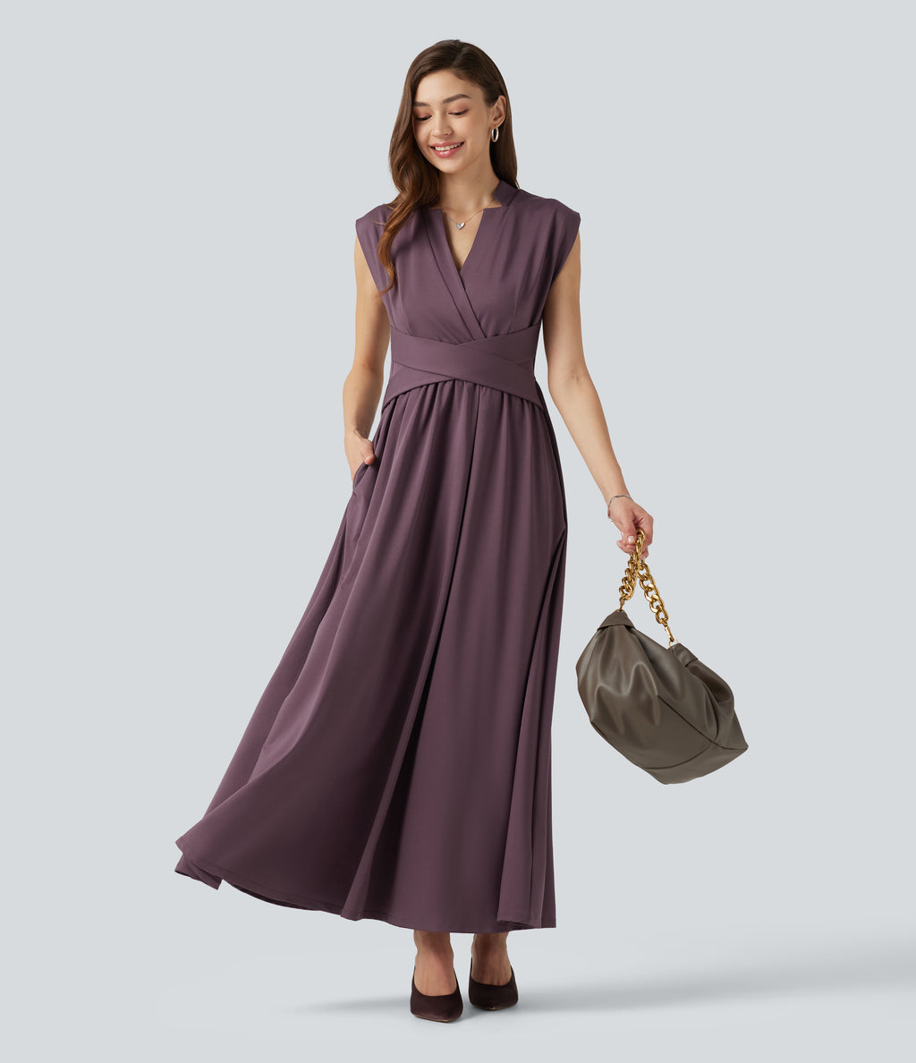 V Neck Sleeveless Flowy Midi Work Dress with Pockets — Plum Wine — view 7