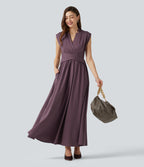 V Neck Sleeveless Flowy Midi Work Dress with Pockets — Plum Wine — view 7