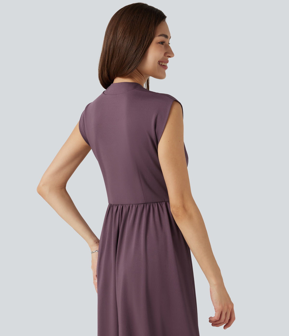 V Neck Sleeveless Flowy Midi Work Dress with Pockets — Plum Wine — view 5