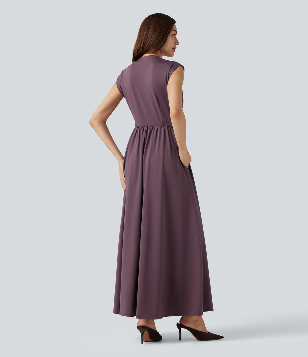 V Neck Sleeveless Flowy Midi Work Dress with Pockets — Plum Wine — view 2