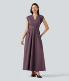 V Neck Sleeveless Flowy Midi Work Dress with Pockets — Plum Wine — view 3