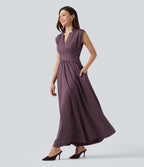 V Neck Sleeveless Flowy Midi Work Dress with Pockets — Plum Wine — view 1