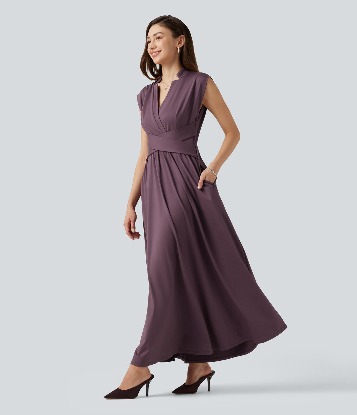 V Neck Sleeveless Flowy Midi Work Dress with Pockets — Plum Wine — view 1