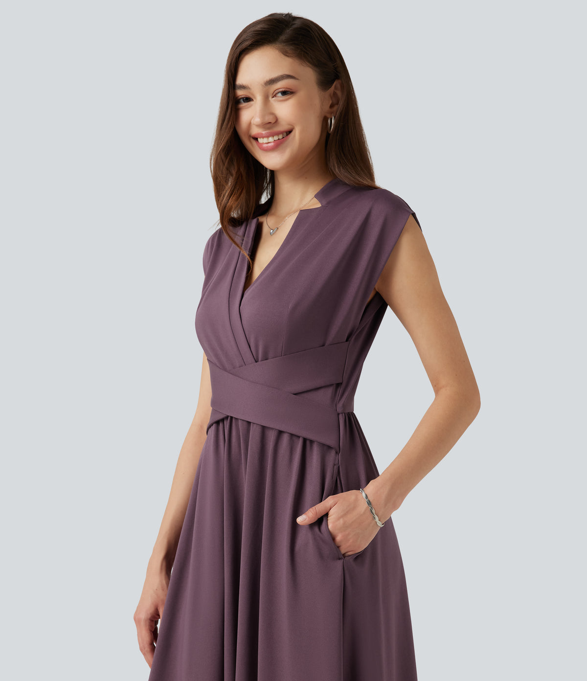 V Neck Sleeveless Flowy Midi Work Dress with Pockets — Plum Wine — view 4