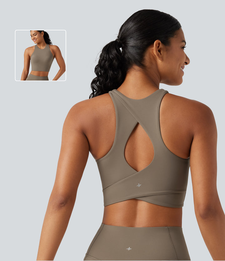 Low Support Round Neck Built-in Bra Cut Out Cool Touch Quick Dry Running Sports Bra-UPF50+ — Hay Brown — view 1