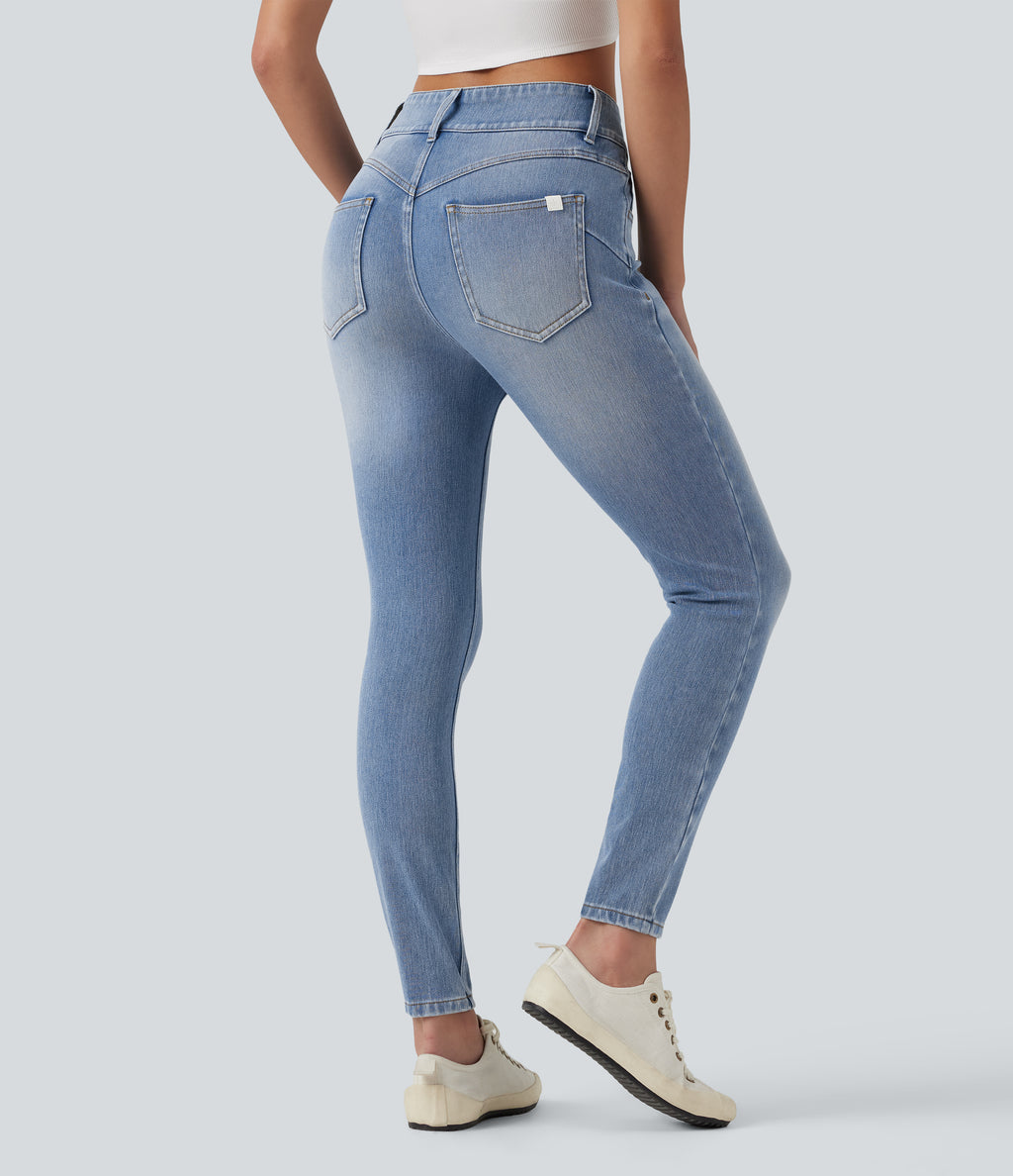 Mid Rise Skinny Casual Jeans with Pockets — Malibu Blue Denim — view 2