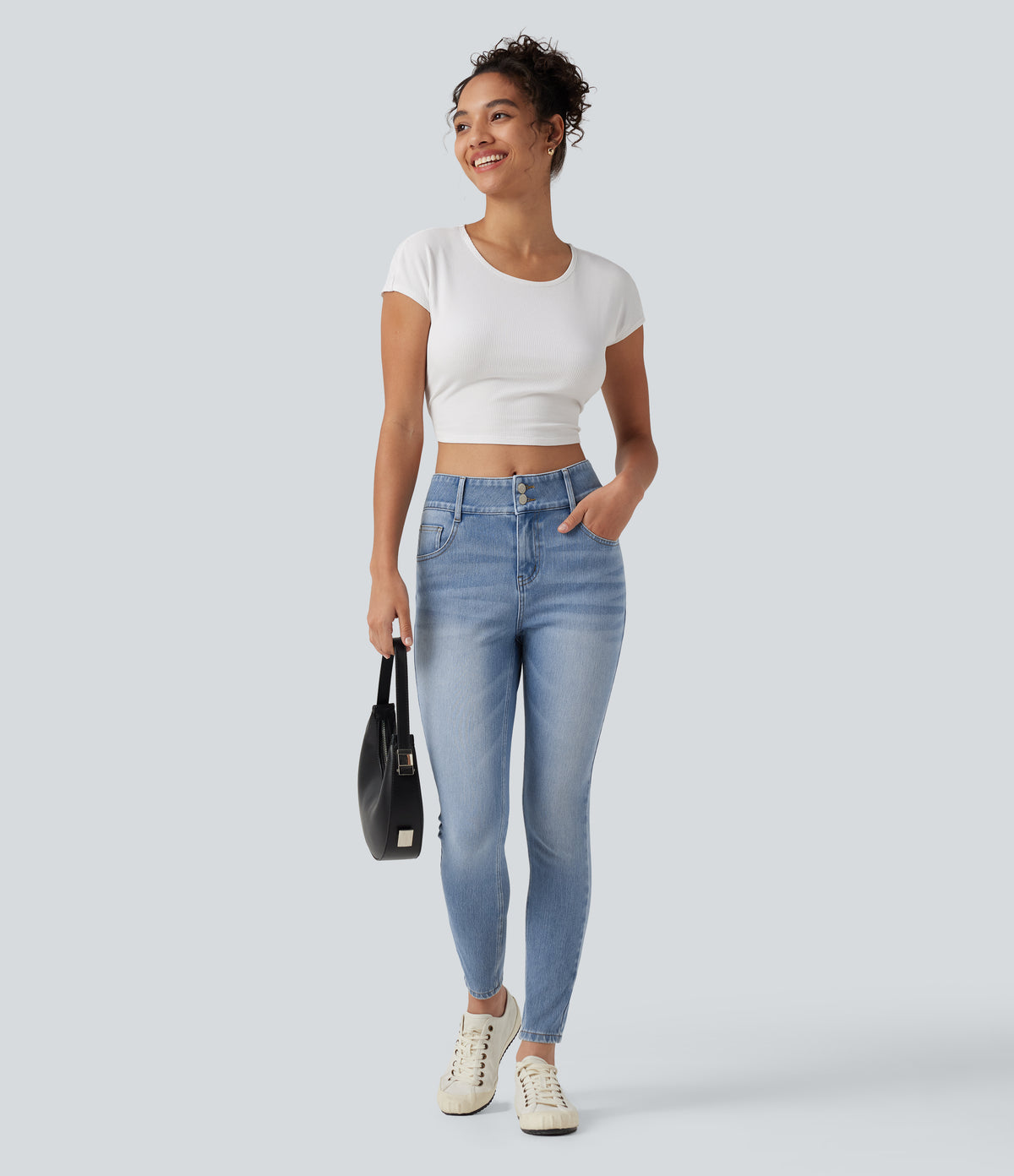 Mid Rise Skinny Casual Jeans with Pockets — Malibu Blue Denim — view 7