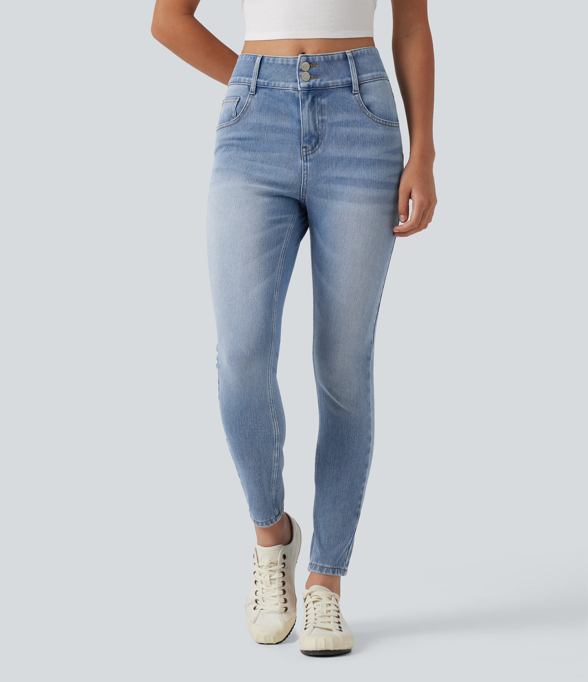 Mid Rise Skinny Casual Jeans with Pockets — Malibu Blue Denim — view 1