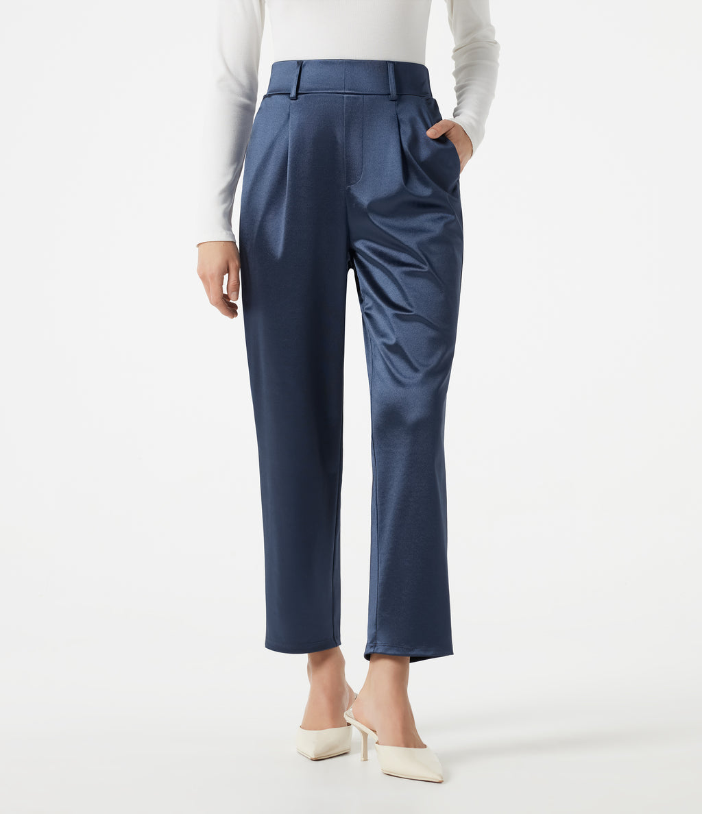 High Waisted Tapered Satin Work Trousers with Pockets — Oceana — view 2