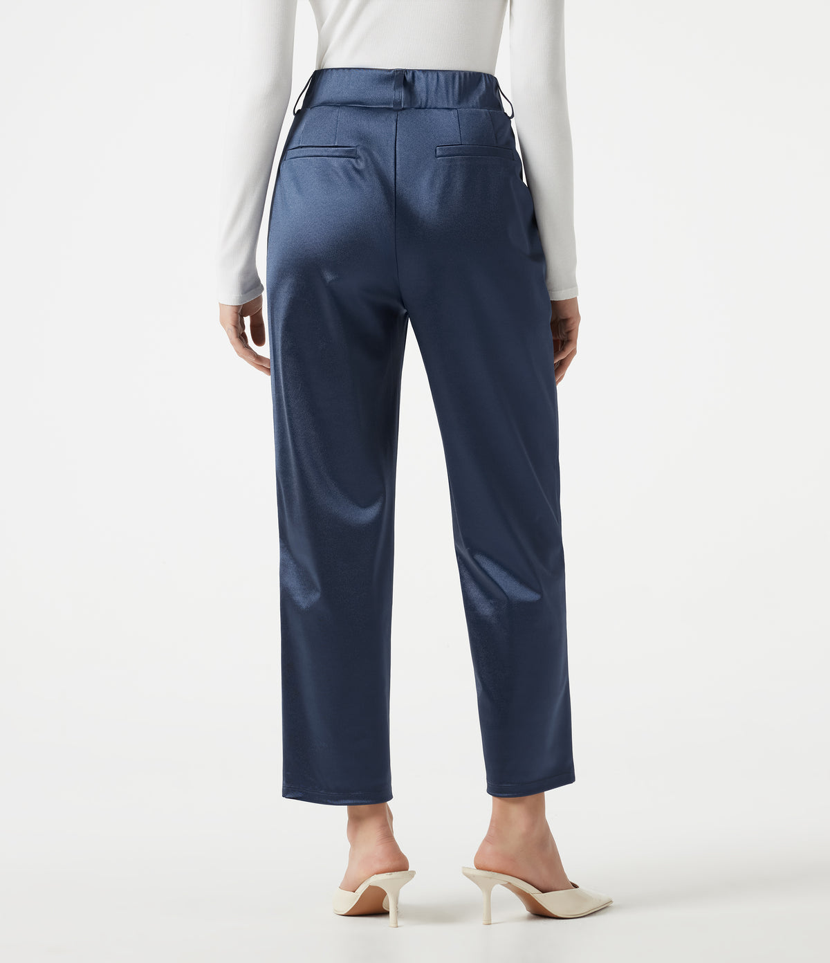 High Waisted Tapered Satin Work Trousers with Pockets — Oceana — view 3