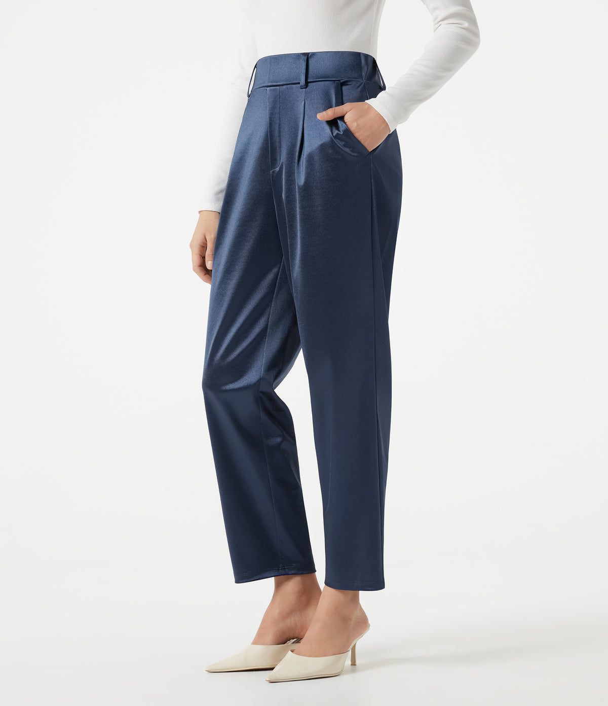 High Waisted Tapered Satin Work Trousers with Pockets — Oceana — view 1