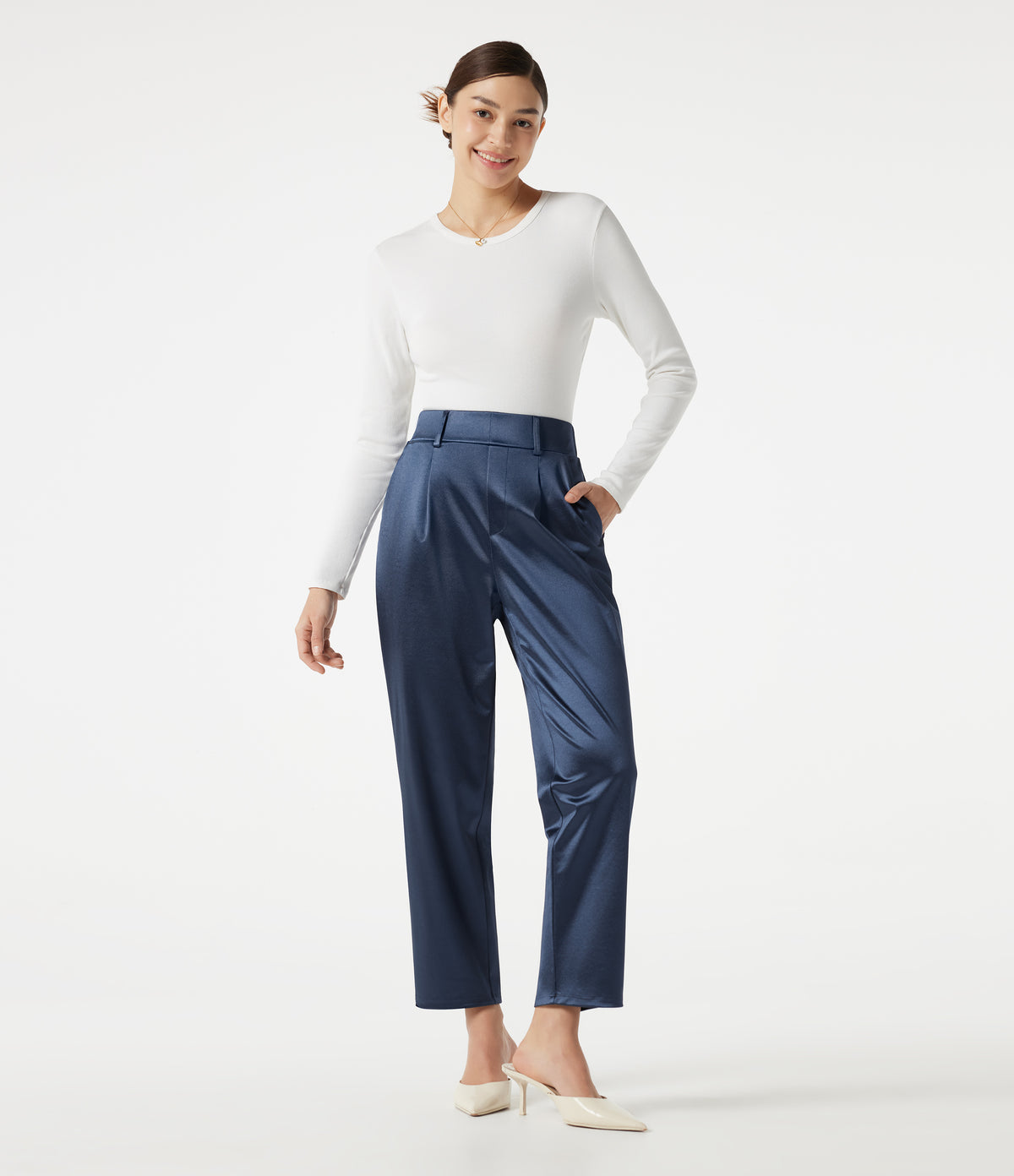 High Waisted Tapered Satin Work Trousers with Pockets — Oceana — view 7