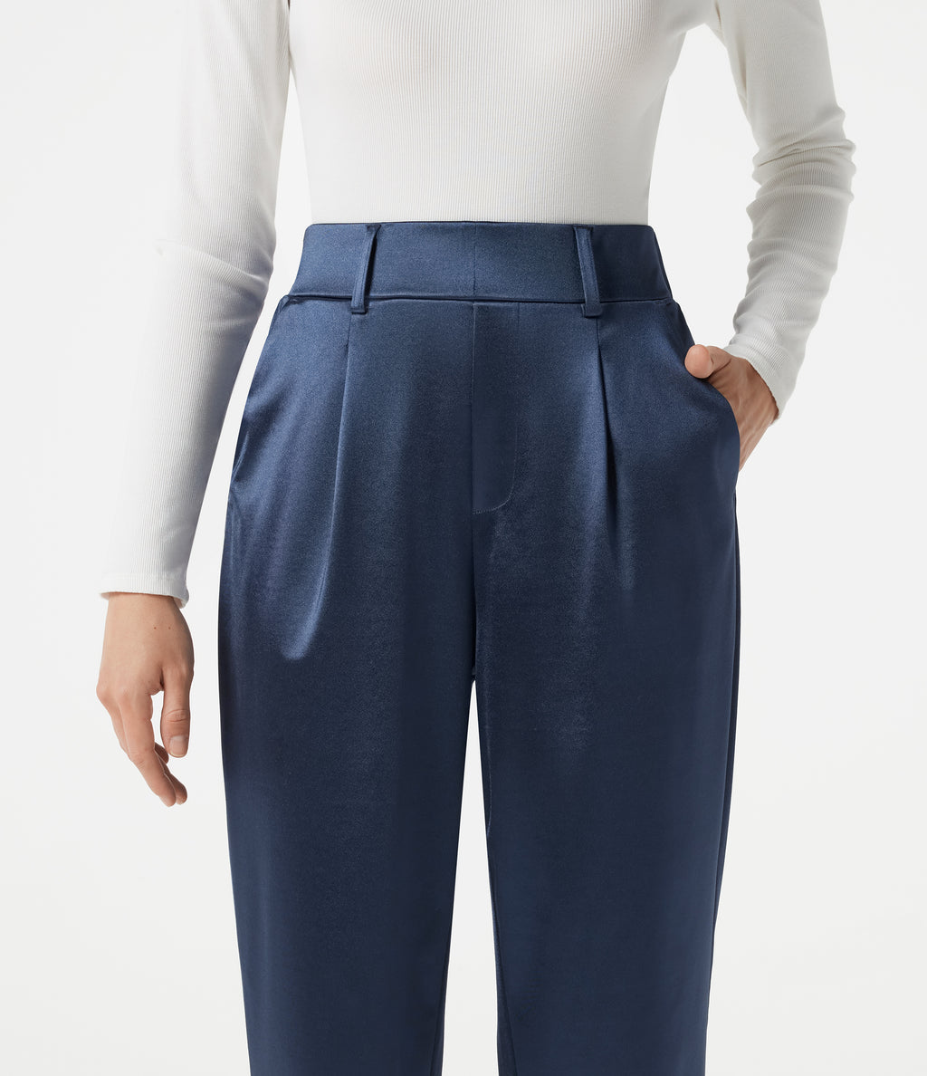 High Waisted Tapered Satin Work Trousers with Pockets — Oceana — view 4