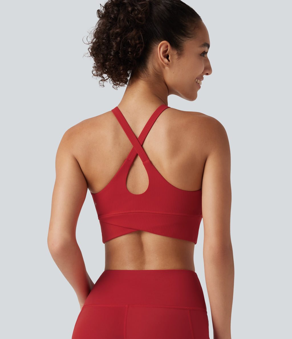 Ribbed Low Support V Neck Built-in Bra Yoga Sports Bra — Salsa — view 4