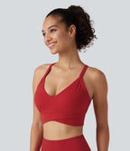 Ribbed Low Support V Neck Built-in Bra Yoga Sports Bra — Salsa — view 3