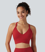 Ribbed Low Support V Neck Built-in Bra Yoga Sports Bra — Salsa — view 2