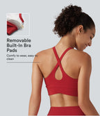 Ribbed Low Support V Neck Built-in Bra Yoga Sports Bra — Salsa — view 1