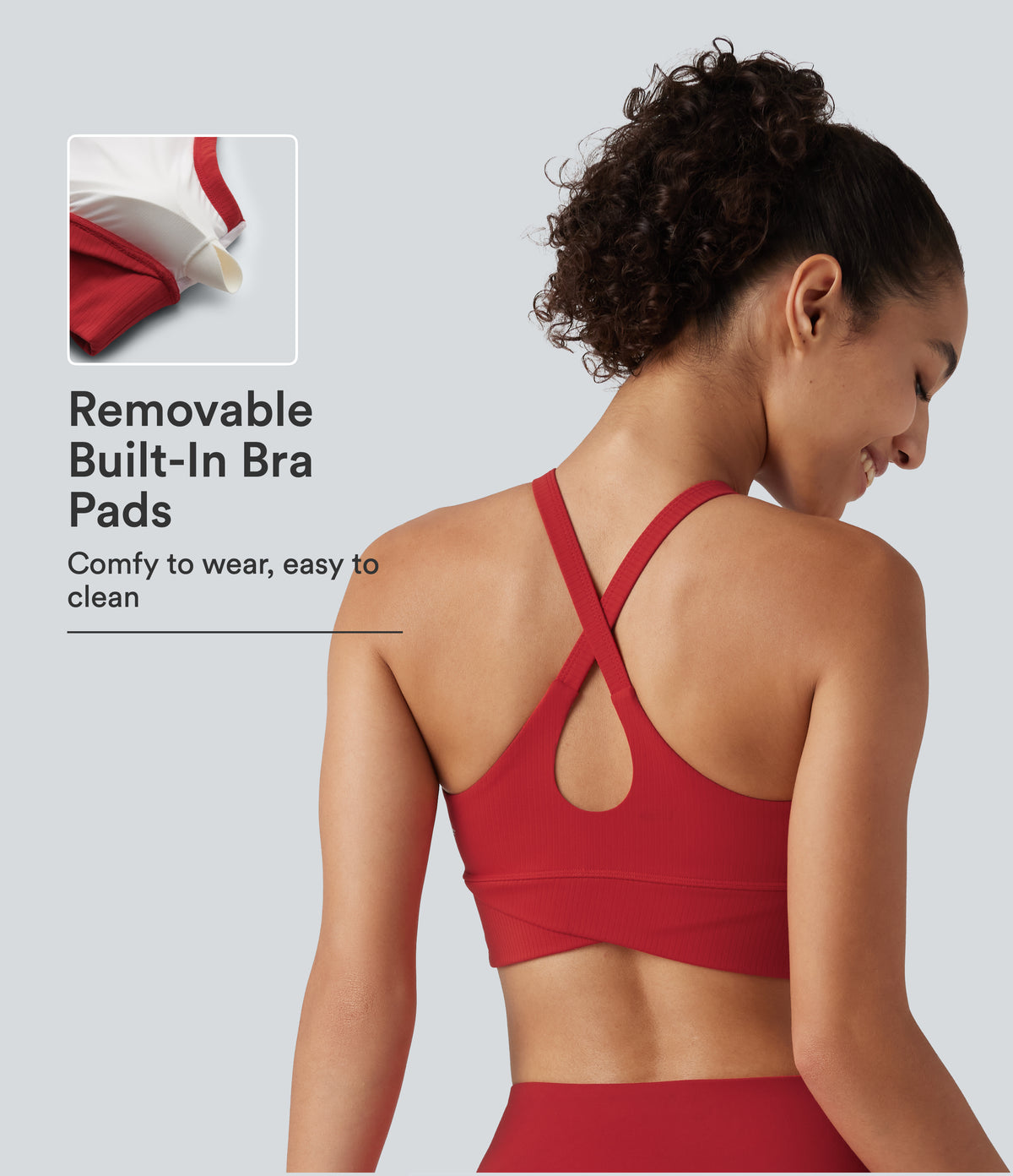 Ribbed Low Support V Neck Built-in Bra Yoga Sports Bra — Salsa — view 1