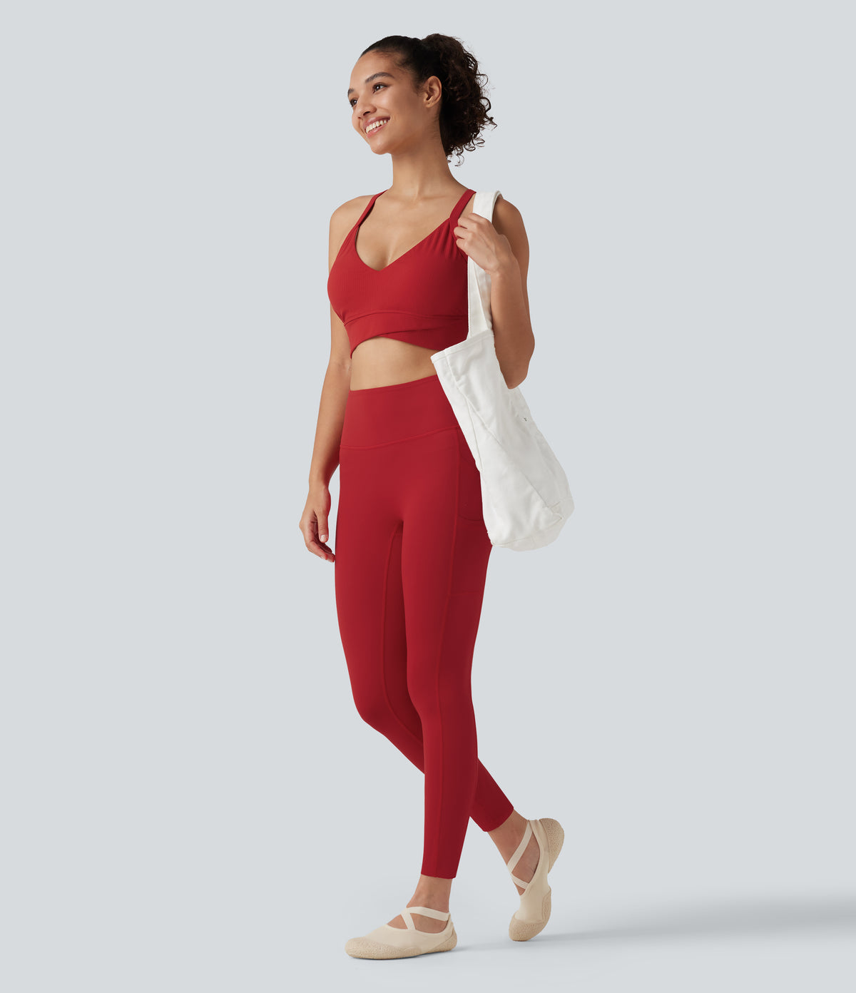 Ribbed Low Support V Neck Built-in Bra Yoga Sports Bra — Salsa — view 7