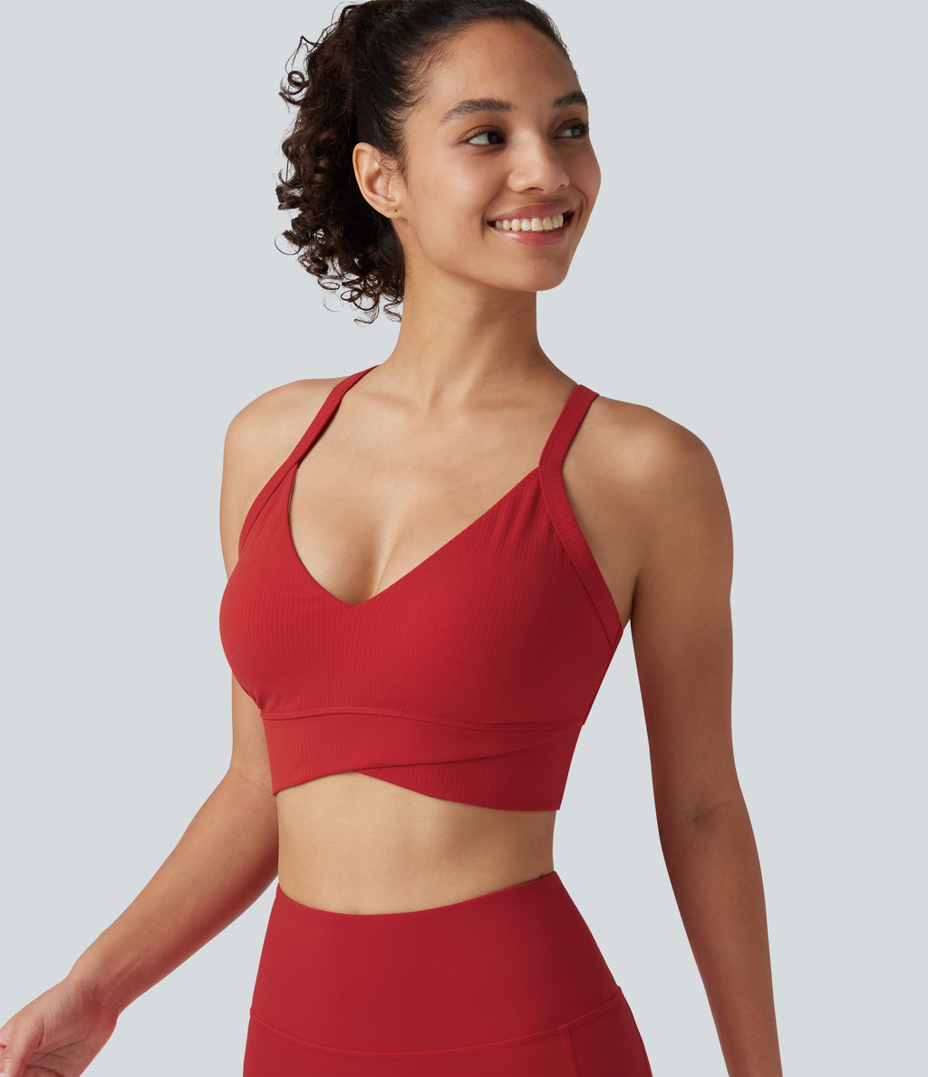 Ribbed Low Support V Neck Built-in Bra Yoga Sports Bra — Salsa — view 5
