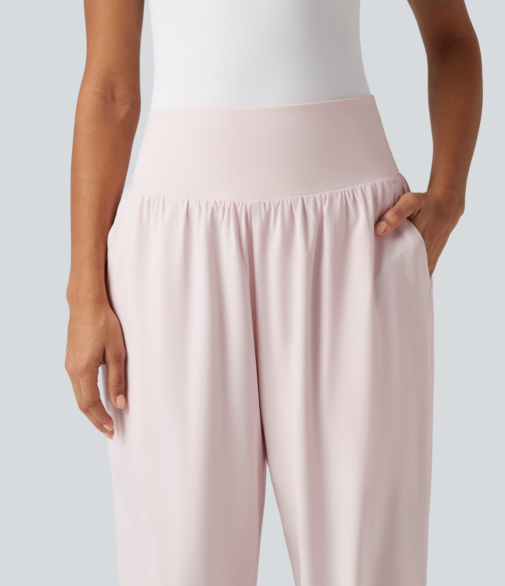 High Waisted Tummy Control 2-in-1 Split Hem Quick Dry Resort Trousers with Pockets — Primrose Pink — view 4