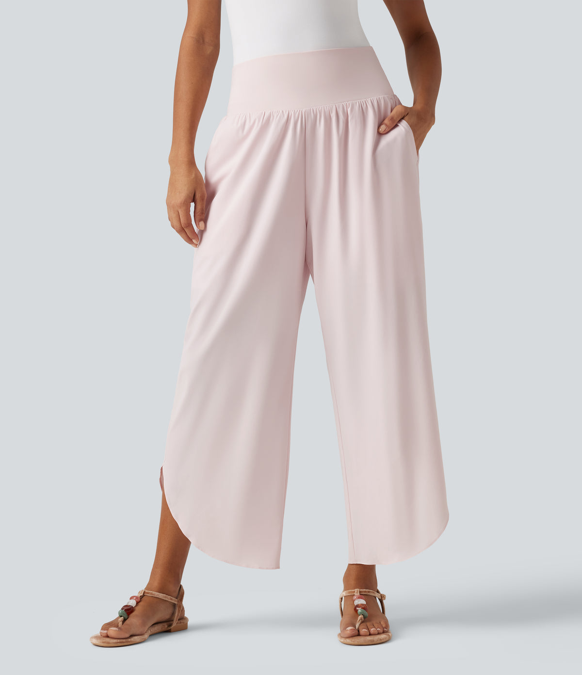 High Waisted Tummy Control 2-in-1 Split Hem Quick Dry Resort Trousers with Pockets — Primrose Pink — view 3