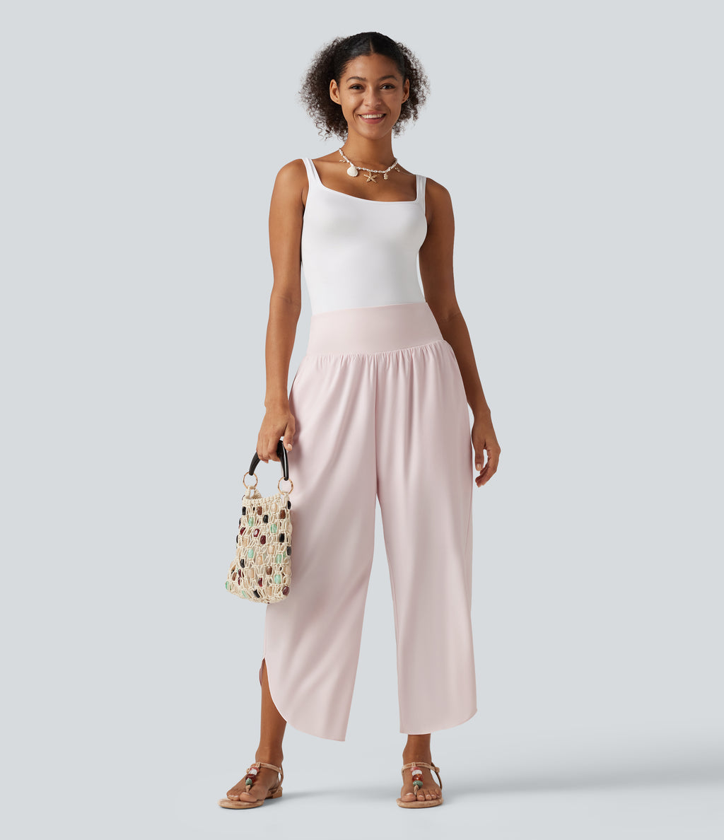 High Waisted Tummy Control 2-in-1 Split Hem Quick Dry Resort Trousers with Pockets — Primrose Pink — view 7