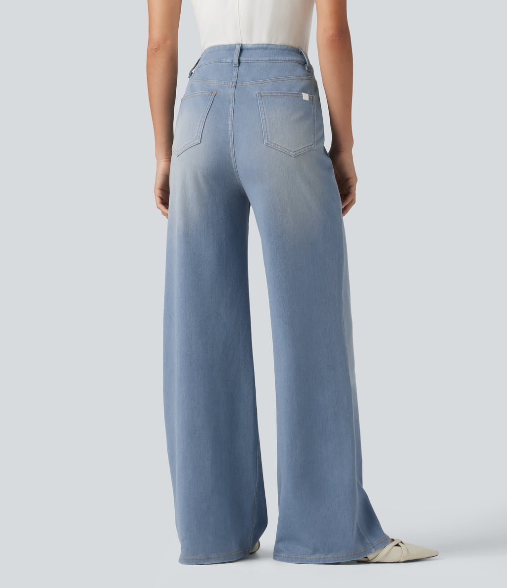 High Waisted Crossover Bootcut Casual Jeans with Pockets — Baltic Sea Blue Denim — view 2