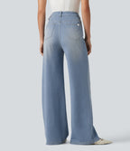 High Waisted Crossover Bootcut Casual Jeans with Pockets — Baltic Sea Blue Denim — view 2