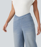 High Waisted Crossover Bootcut Casual Jeans with Pockets — Baltic Sea Blue Denim — view 5