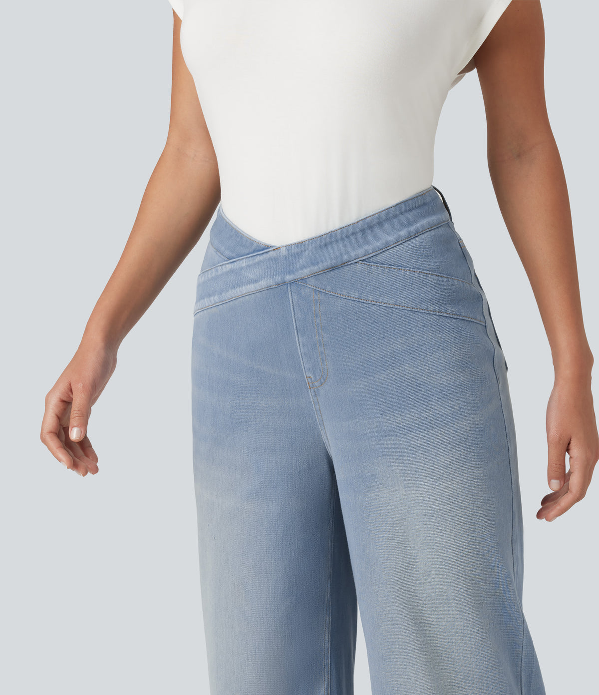 High Waisted Crossover Bootcut Casual Jeans with Pockets — Baltic Sea Blue Denim — view 5