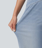 High Waisted Crossover Bootcut Casual Jeans with Pockets — Baltic Sea Blue Denim — view 6