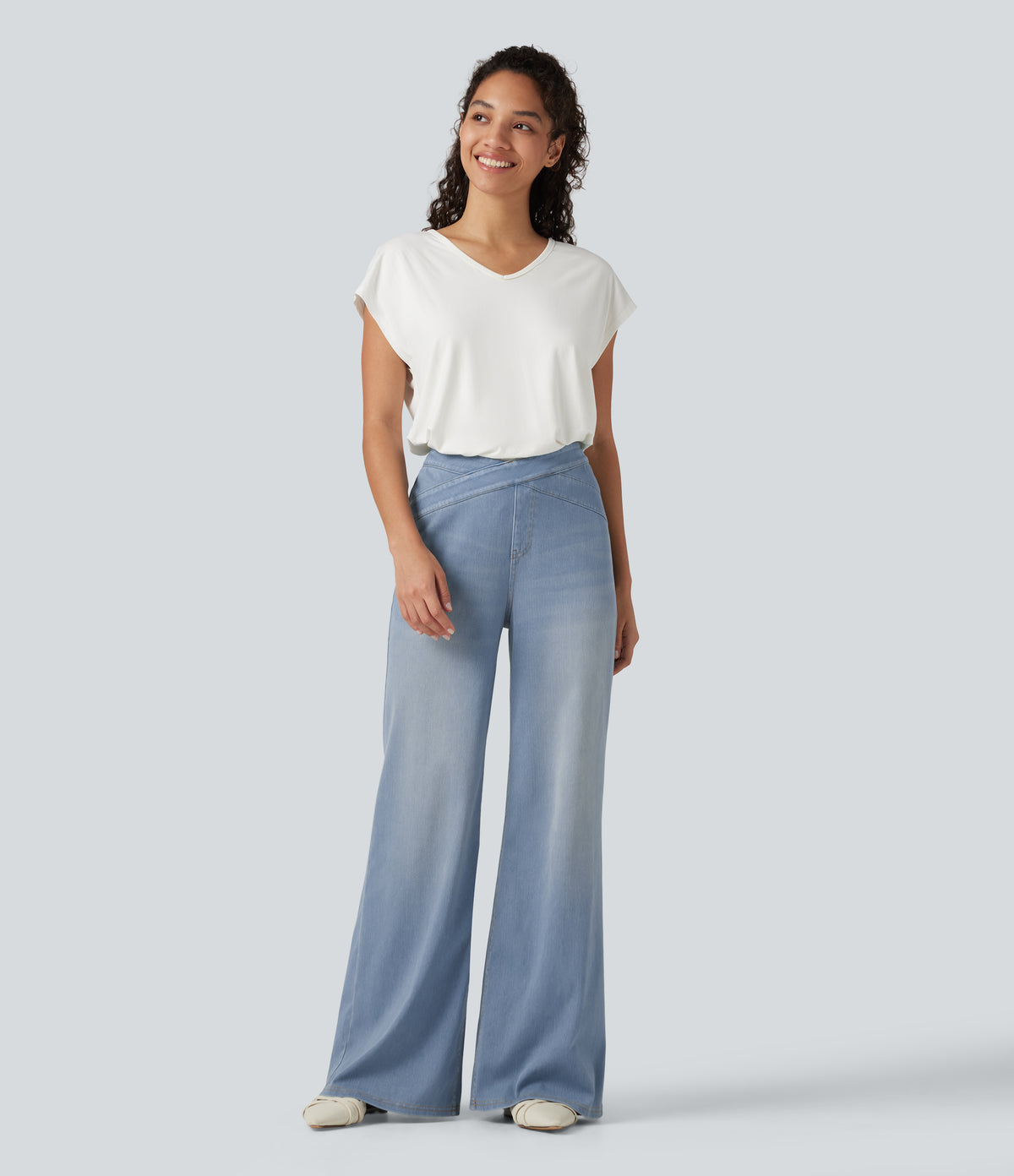 High Waisted Crossover Bootcut Casual Jeans with Pockets — Baltic Sea Blue Denim — view 7