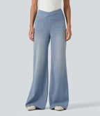 High Waisted Crossover Bootcut Casual Jeans with Pockets — Baltic Sea Blue Denim — view 1