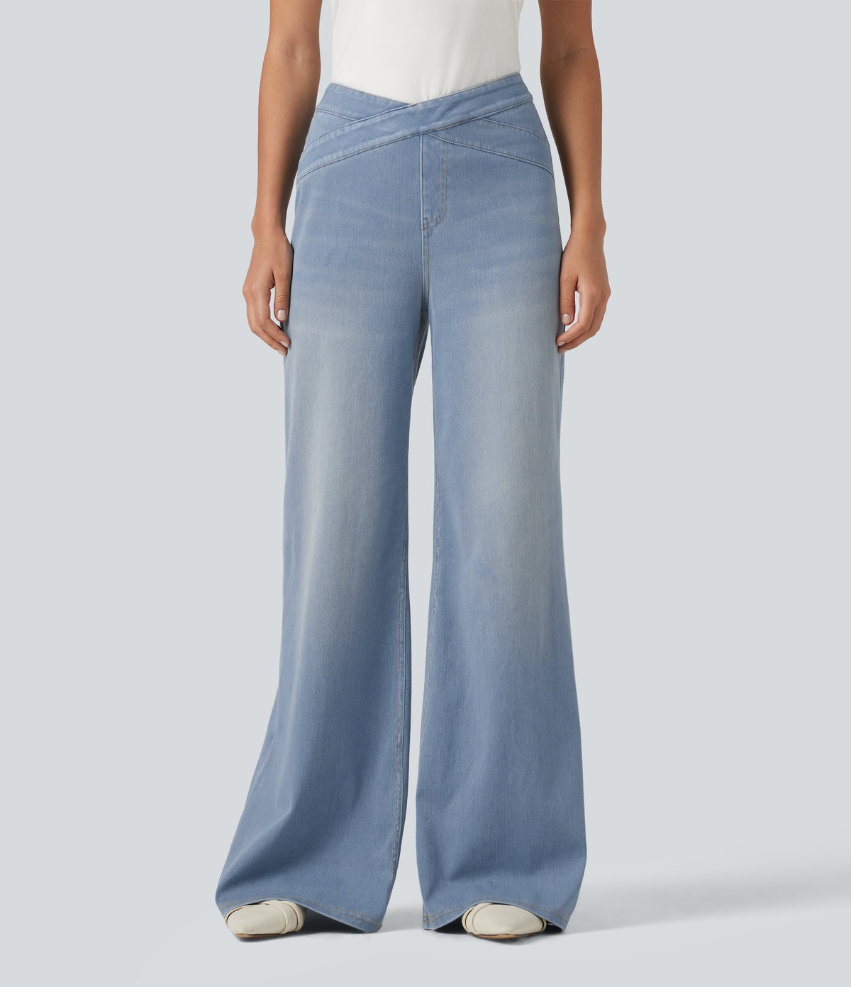 High Waisted Crossover Bootcut Casual Jeans with Pockets — Baltic Sea Blue Denim — view 1