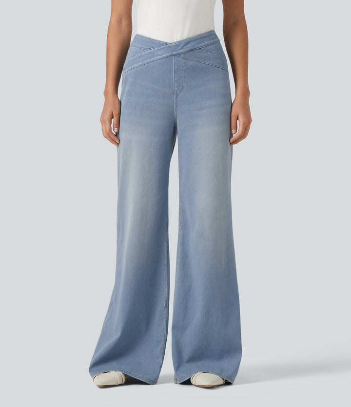 High Waisted Crossover Bootcut Casual Jeans with Pockets — Baltic Sea Blue Denim — view 1