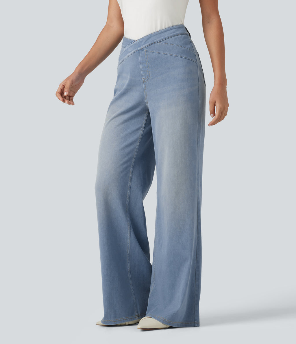 High Waisted Crossover Bootcut Casual Jeans with Pockets — Baltic Sea Blue Denim — view 3